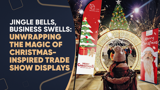 Christmas lights, wreaths, tinsel garland, and a sparkling chandelier decorate the warm, festive booth filled with holiday spirit. The vibrant, welcoming Christmas-themed exhibit attracts a cheerful crowd.