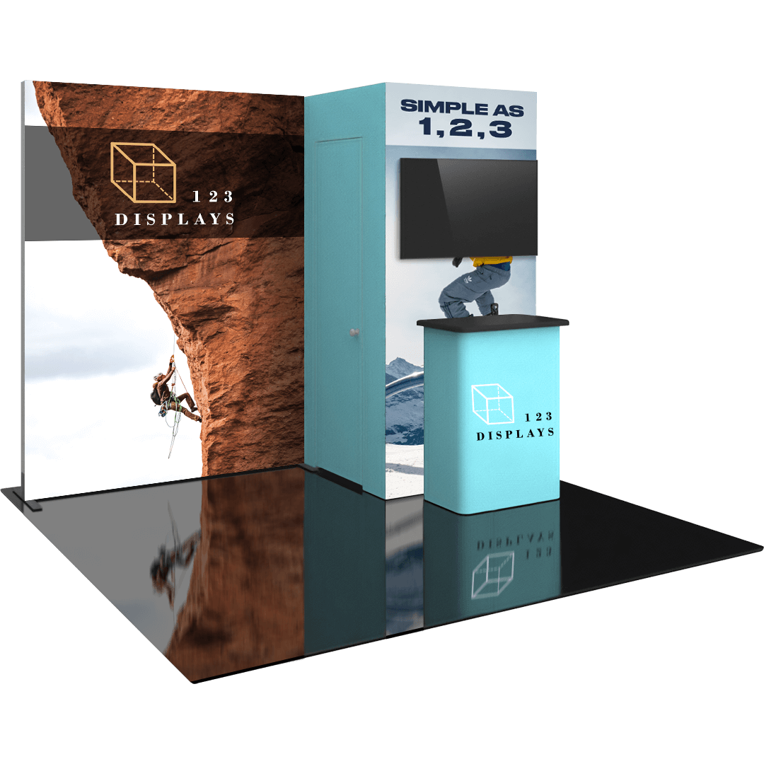 Rock climber ascending a cliff face, with 3D rendering of 123displays branded exhibit structures including a light blue rectangular counter and a totem display tower. The exhibit features the 123displays logo and "Simple as 1,2,3" slogan prominently.