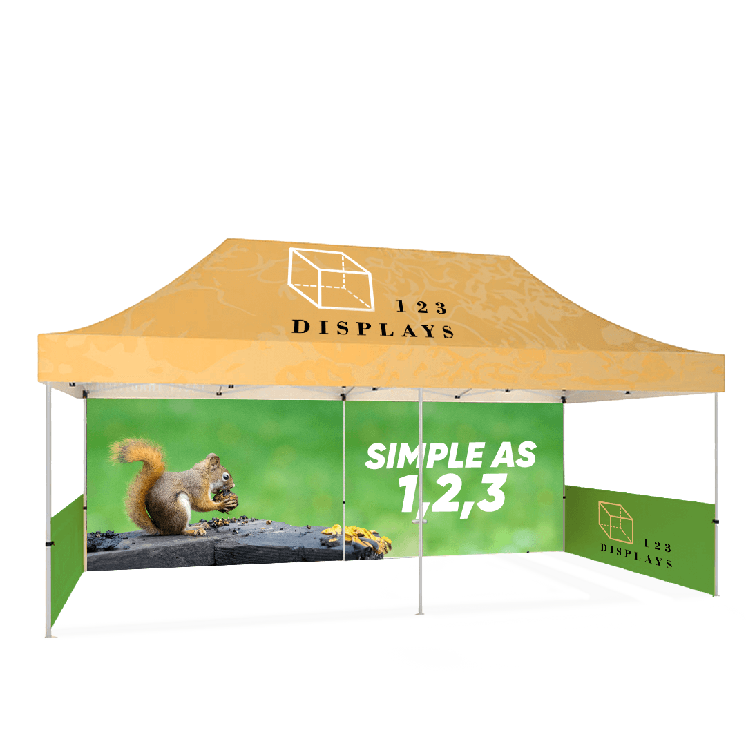 Promotional outdoor display tent for 123 Displays featuring their logo and 'SIMPLE AS 1,2,3' slogan. A close-up wildlife photo of a squirrel eating on a log is shown on the display banner.